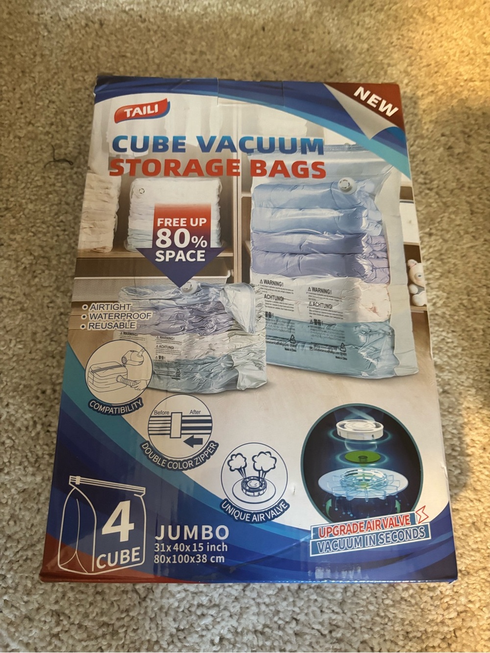 Tali Cube Storage Bags 4 Cube JUMBO 31”x40”x15” Airtight Reusable Waterproof